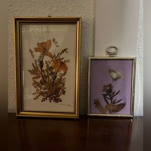 Vintage Tirol Austria Framed Pressed Flowers & Homemade Framed Butterfly 2 Pc
